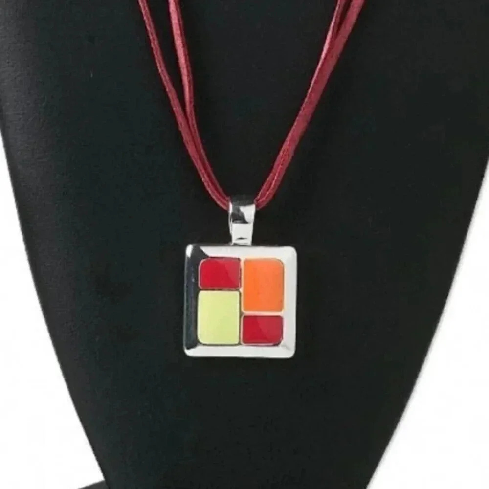 Midcentury Modern Style Red Yellow Squares Silver Plated Pendant Necklace